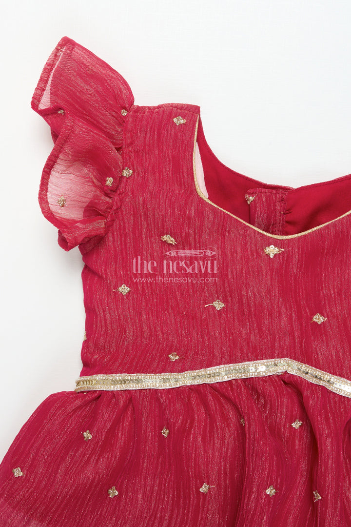 The Nesavu Pattu Pavadai Baby Girl Pink Semi Banaras Pattu Pavadai for Temple Visits and Family Events Nesavu 18 (2Y) / Pink GPP342B-18 Nesavu baby girl pattu pavadai with semi Banaras silk and tissue yoke for traditional wear