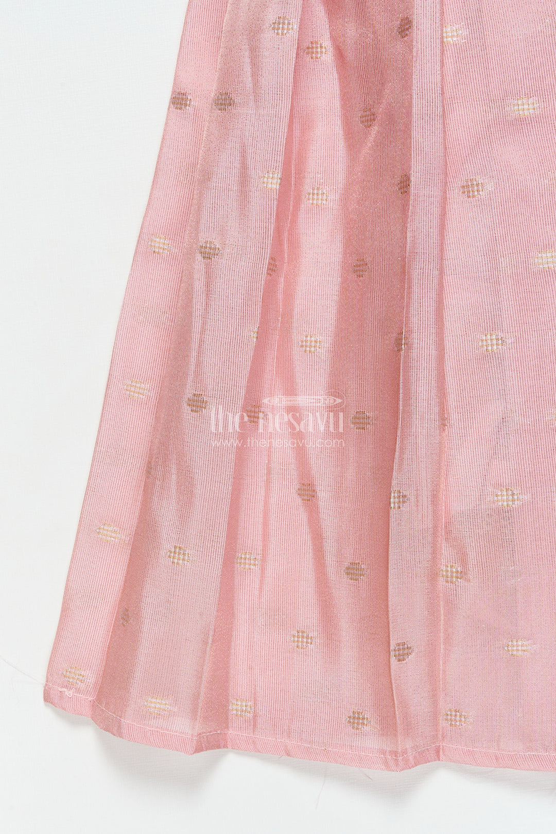 The Nesavu Pattu Pavadai Baby Girl Pink Semi Banaras Pattu Pavadai for Temple Visits and Family Events Nesavu 18 (2Y) / Pink GPP342B-18 Nesavu baby girl pattu pavadai with semi Banaras silk and tissue yoke for traditional wear