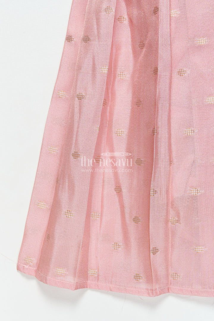 The Nesavu Pattu Pavadai Baby Girl Pink Semi Banaras Pattu Pavadai for Temple Visits and Family Events Nesavu 18 (2Y) / Pink GPP342B-18 Nesavu baby girl pattu pavadai with semi Banaras silk and tissue yoke for traditional wear