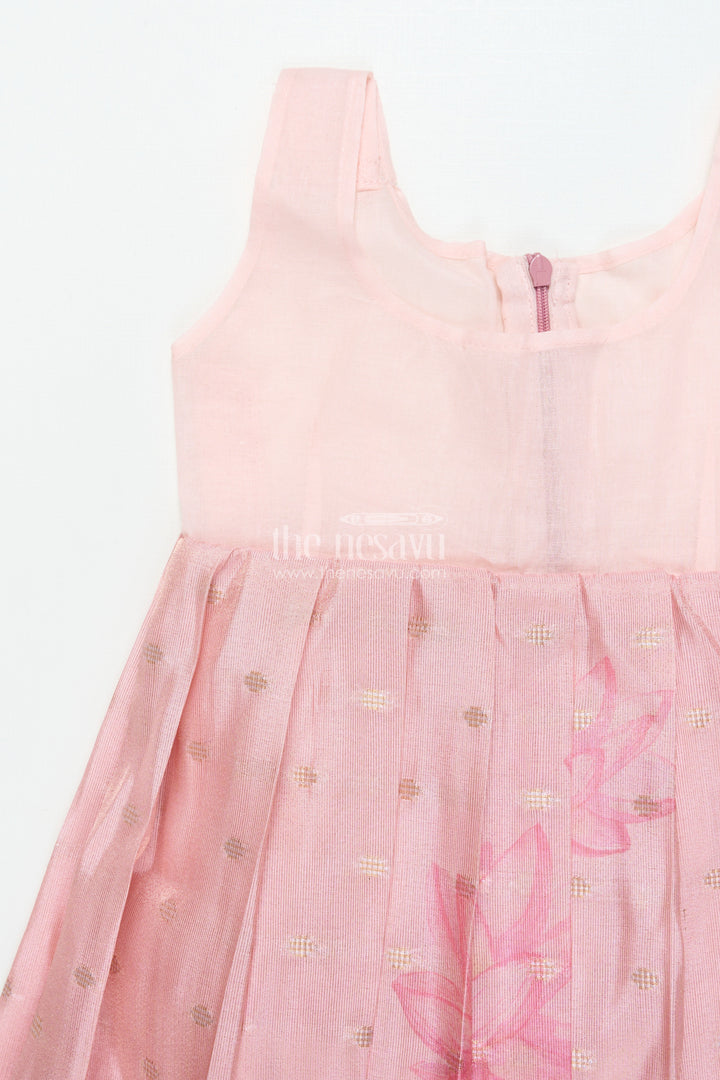 The Nesavu Pattu Pavadai Baby Girl Pink Semi Banaras Pattu Pavadai for Temple Visits and Family Events Nesavu 18 (2Y) / Pink GPP342B-18 Nesavu baby girl pattu pavadai with semi Banaras silk and tissue yoke for traditional wear