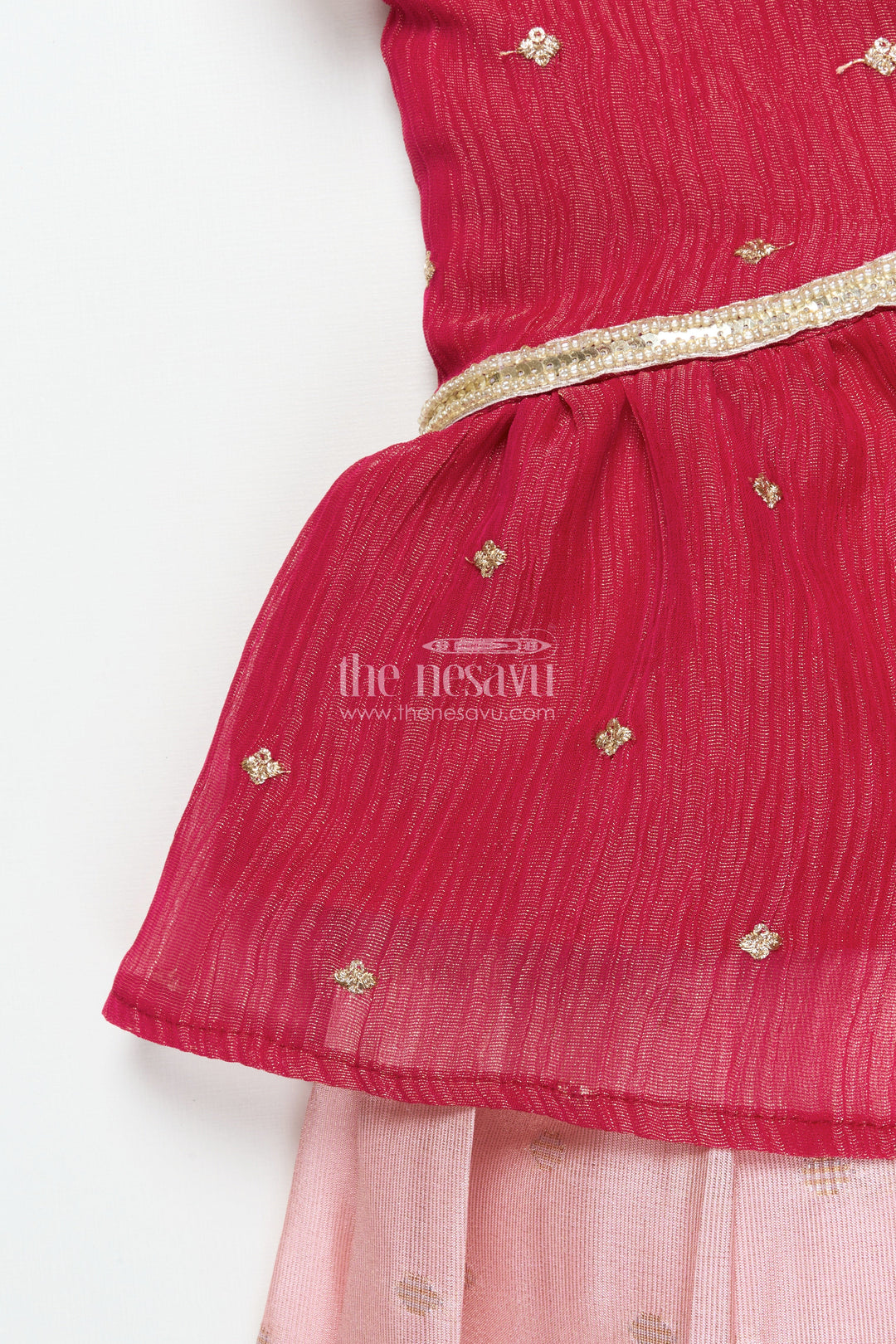 The Nesavu Pattu Pavadai Baby Girl Pink Semi Banaras Pattu Pavadai for Temple Visits and Family Events Nesavu 18 (2Y) / Pink GPP342B-18 Nesavu baby girl pattu pavadai with semi Banaras silk and tissue yoke for traditional wear