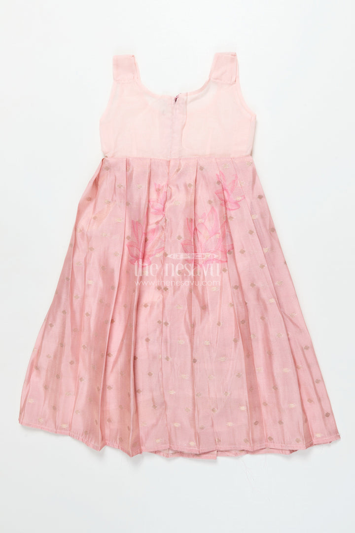 The Nesavu Pattu Pavadai Baby Girl Pink Semi Banaras Pattu Pavadai for Temple Visits and Family Events Nesavu 18 (2Y) / Pink GPP342B-18 Nesavu baby girl pattu pavadai with semi Banaras silk and tissue yoke for traditional wear