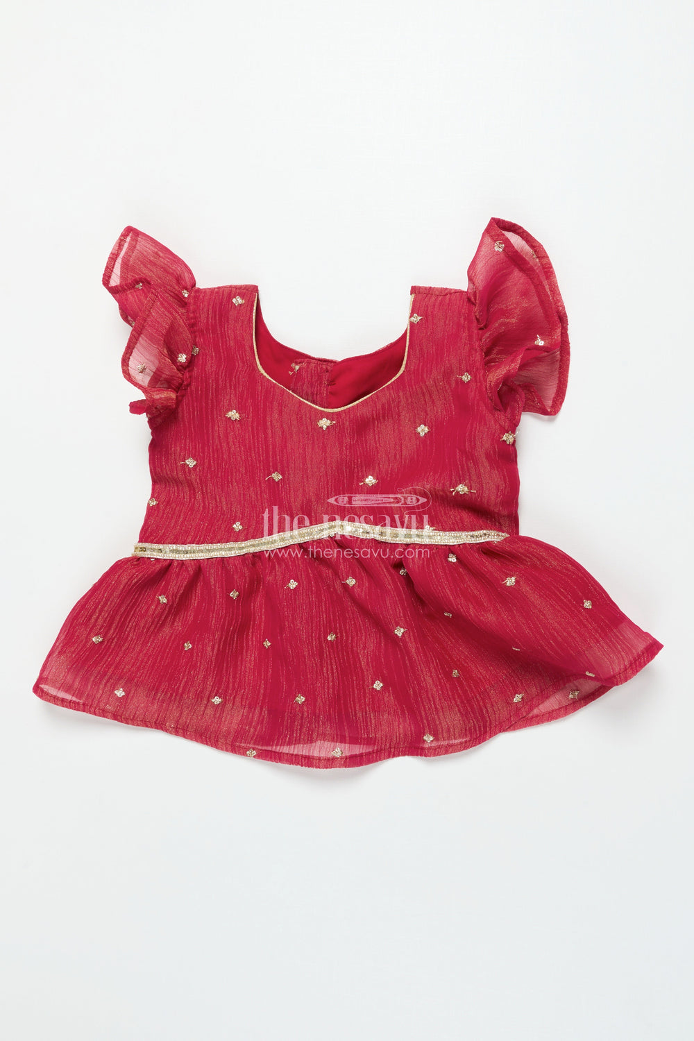 The Nesavu Pattu Pavadai Baby Girl Pink Semi Banaras Pattu Pavadai for Temple Visits and Family Events Nesavu 18 (2Y) / Pink GPP342B-18 Nesavu baby girl pattu pavadai with semi Banaras silk and tissue yoke for traditional wear