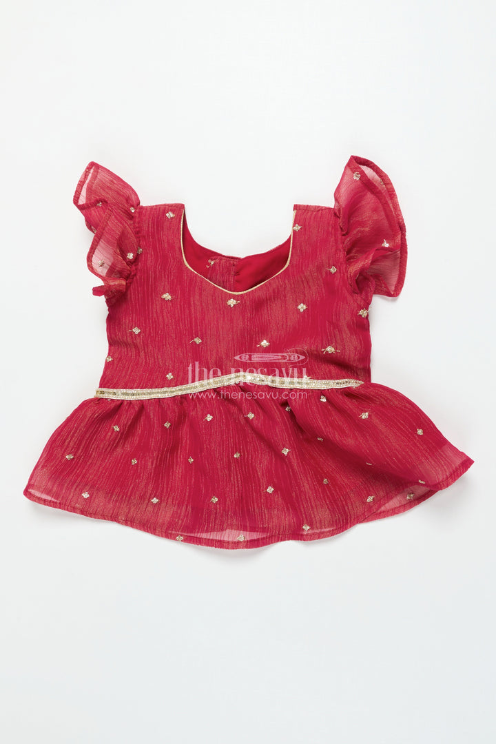 The Nesavu Pattu Pavadai Baby Girl Pink Semi Banaras Pattu Pavadai for Temple Visits and Family Events Nesavu 18 (2Y) / Pink GPP342B-18 Nesavu baby girl pattu pavadai with semi Banaras silk and tissue yoke for traditional wear