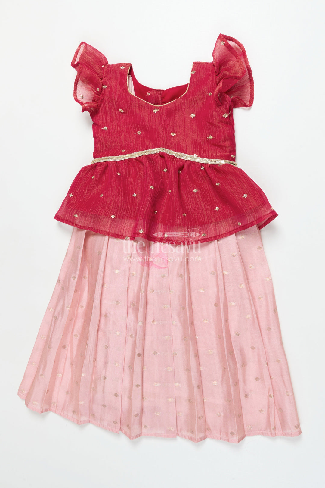 The Nesavu Pattu Pavadai Baby Girl Pink Semi Banaras Pattu Pavadai for Temple Visits and Family Events Nesavu 18 (2Y) / Pink GPP342B-18 Nesavu baby girl pattu pavadai with semi Banaras silk and tissue yoke for traditional wear
