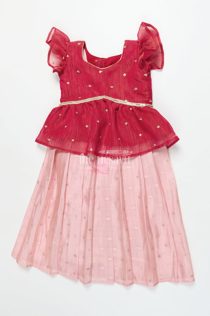 The Nesavu Pattu Pavadai Baby Girl Pink Semi Banaras Pattu Pavadai for Temple Visits and Family Events Nesavu 18 (2Y) / Pink GPP342B-18 Nesavu baby girl pattu pavadai with semi Banaras silk and tissue yoke for traditional wear