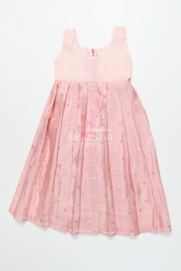 The Nesavu Pattu Pavadai Baby Girl Pink Semi Banaras Pattu Pavadai for Temple Visits and Family Events Nesavu 18 (2Y) / Pink GPP342B-18 Nesavu baby girl pattu pavadai with semi Banaras silk and tissue yoke for traditional wear