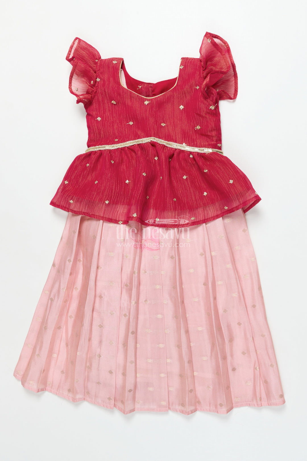 The Nesavu Pattu Pavadai Baby Girl Pink Semi Banaras Pattu Pavadai for Temple Visits and Family Events Nesavu 18 (2Y) / Pink GPP342B-18 Nesavu baby girl pattu pavadai with semi Banaras silk and tissue yoke for traditional wear