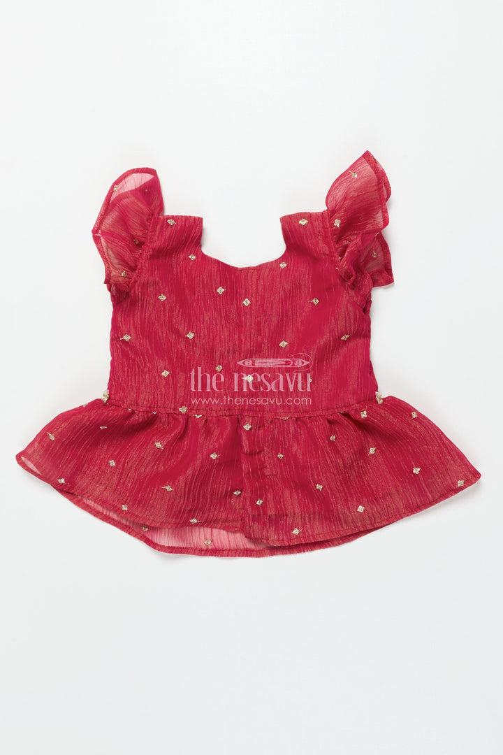 The Nesavu Pattu Pavadai Baby Girl Pink Semi Banaras Pattu Pavadai for Temple Visits and Family Events Nesavu 18 (2Y) / Pink GPP342B-18 Nesavu baby girl pattu pavadai with semi Banaras silk and tissue yoke for traditional wear