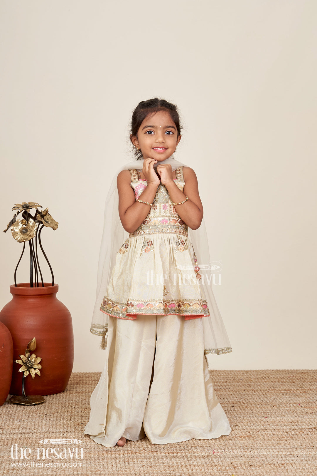 The Nesavu Girls Sharara / Plazo Set Baby Girl Plazo Set for Weddings and Traditional Occasions Nesavu 16 (1Y) / Cream GPS852A-16 Nesavu baby girl plazo set viscose silk embroidery  ideal weddings traditional ceremonies