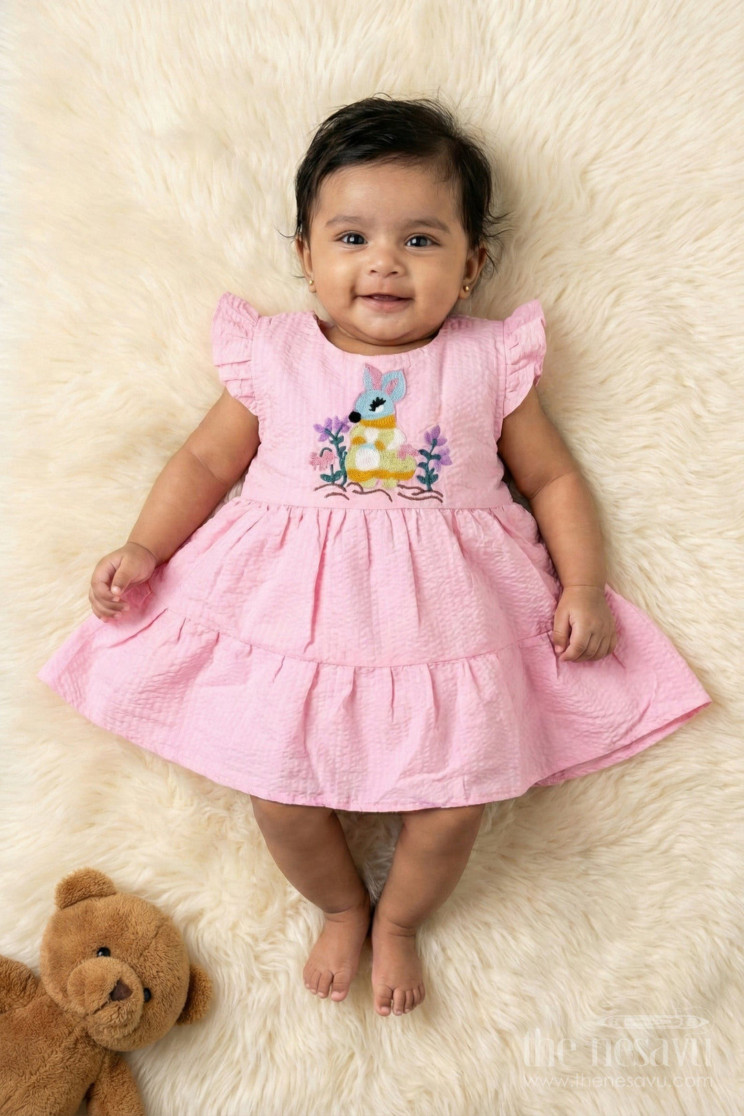 The Nesavu Baby Cotton Frocks Baby Girl Popcorn Embroidered Cotton Frock for Everyday Play Nesavu 14 (6M) / Pink BFJ893A-14 Nesavu baby girl cotton frock with popcorn texture and embroidery for playdates and daily wear