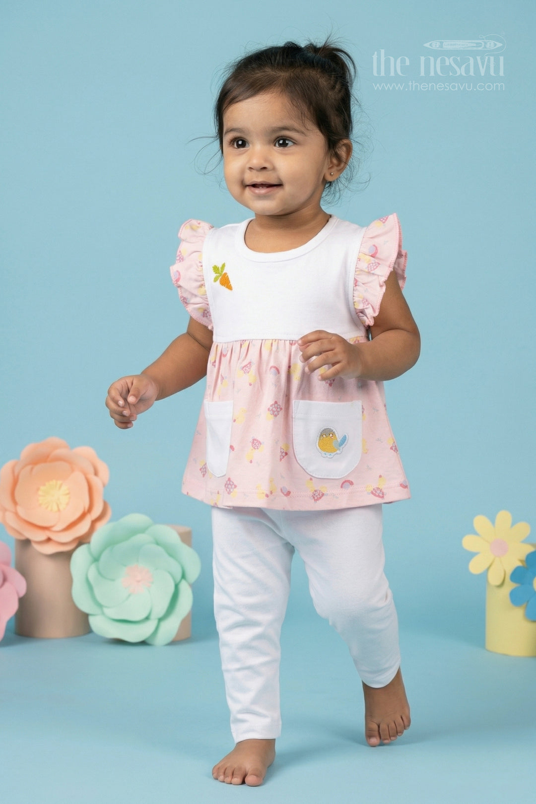 The Nesavu Baby Casual Sets Baby Girl Printed Cotton Set for Daycare and Daily Wear Nesavu 10 (NB) / Green / Cotton BFJ937A-10 Nesavu Baby Girl Cotton Jersey Printed Set With Leggings For Daycare And Casual Outings