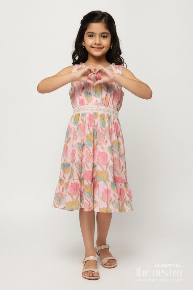 The Nesavu Girls Cotton Frock Baby Girl Printed Frock for Birthday Parties and Casual Celebrations Nesavu 18 (2Y) / Pink GFC2024A-18 Nesavu baby girl floral printed frock in modal silk for birthday parties and special outings