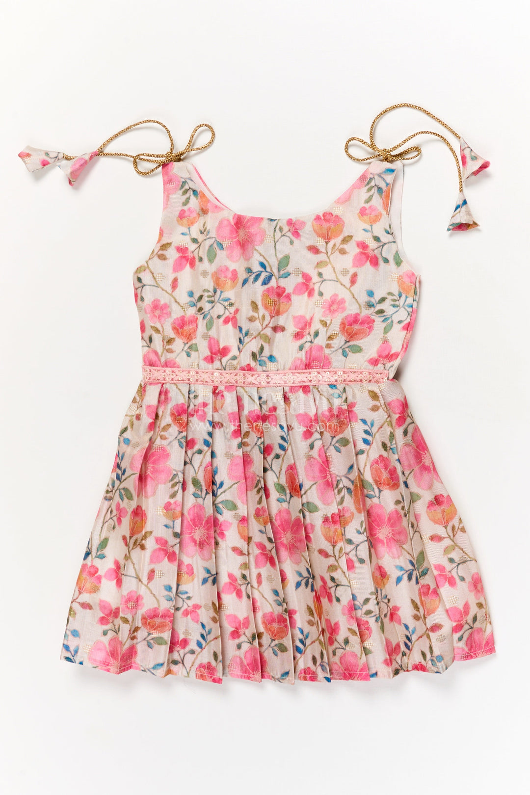 The Nesavu Tie-up Frock Baby Girl Printed Frock with Tie-up Straps for Summer Days Nesavu 16 (1Y) / Pink / Silk Blend T421A-16 Nesavu baby girl frock with floral digital print and tie-up shoulders for summer comfort