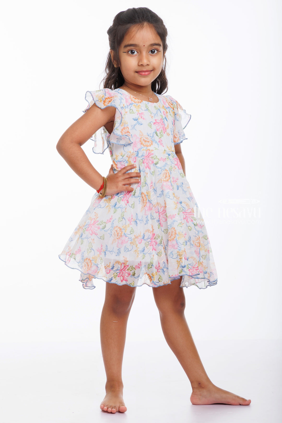 The Nesavu Baby Fancy Frock Baby Girl's Angelic Floral Frock with Flutter Sleeves Nesavu 16 (1Y) / Pink / Georgette BFJ540B-16 Charming Floral Dress for Baby Girls | Perfect for Celebrations and Play | The Nesavu