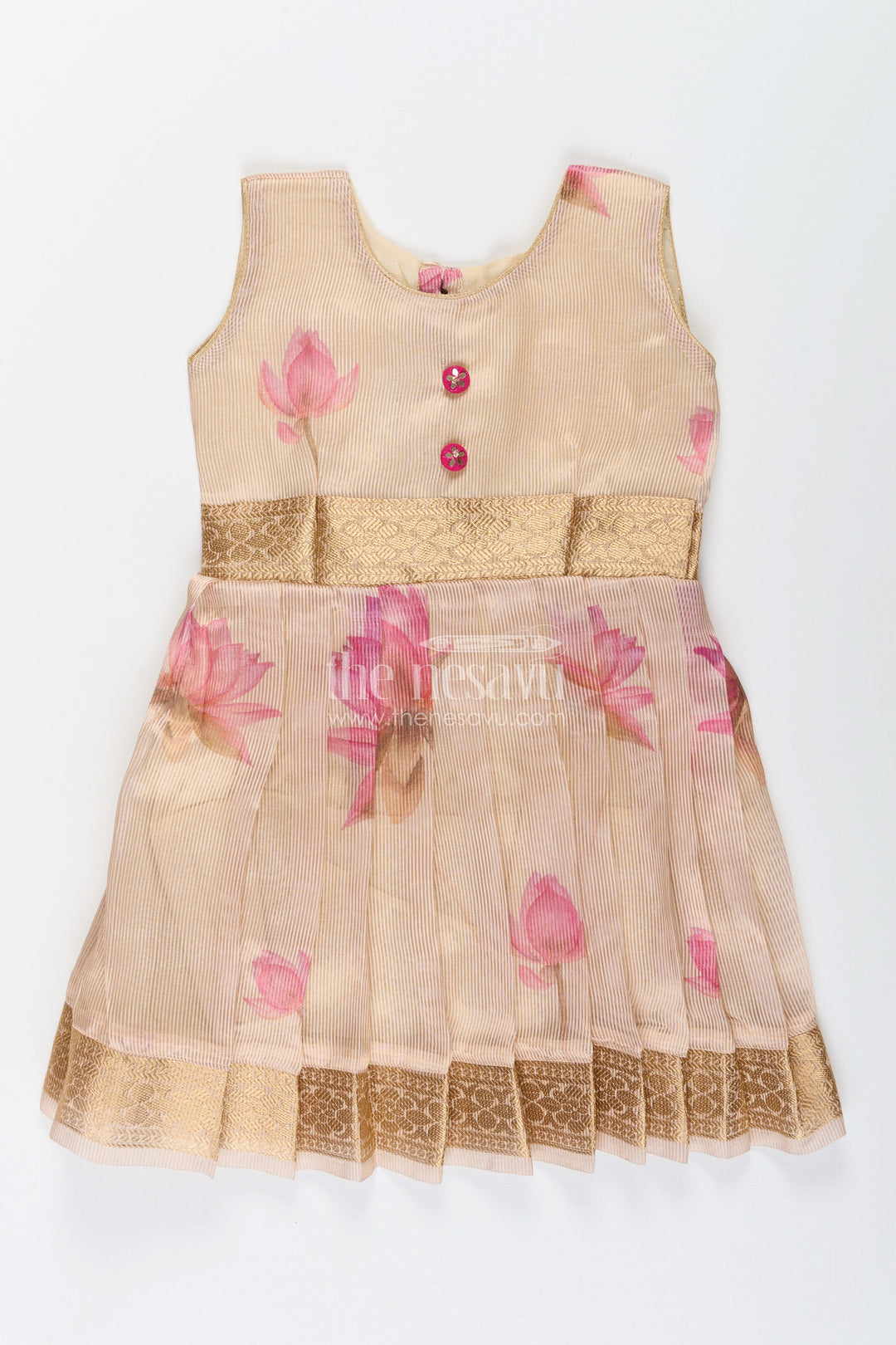 The Nesavu Silk Frock Baby Girl's Silk Frock in Cream Kora Tissue Classic Ethnic Styling Nesavu 18 (2Y) / Cream SF1065B-18 Baby girl ethnic silk frock kora tissue  cream floral digital print