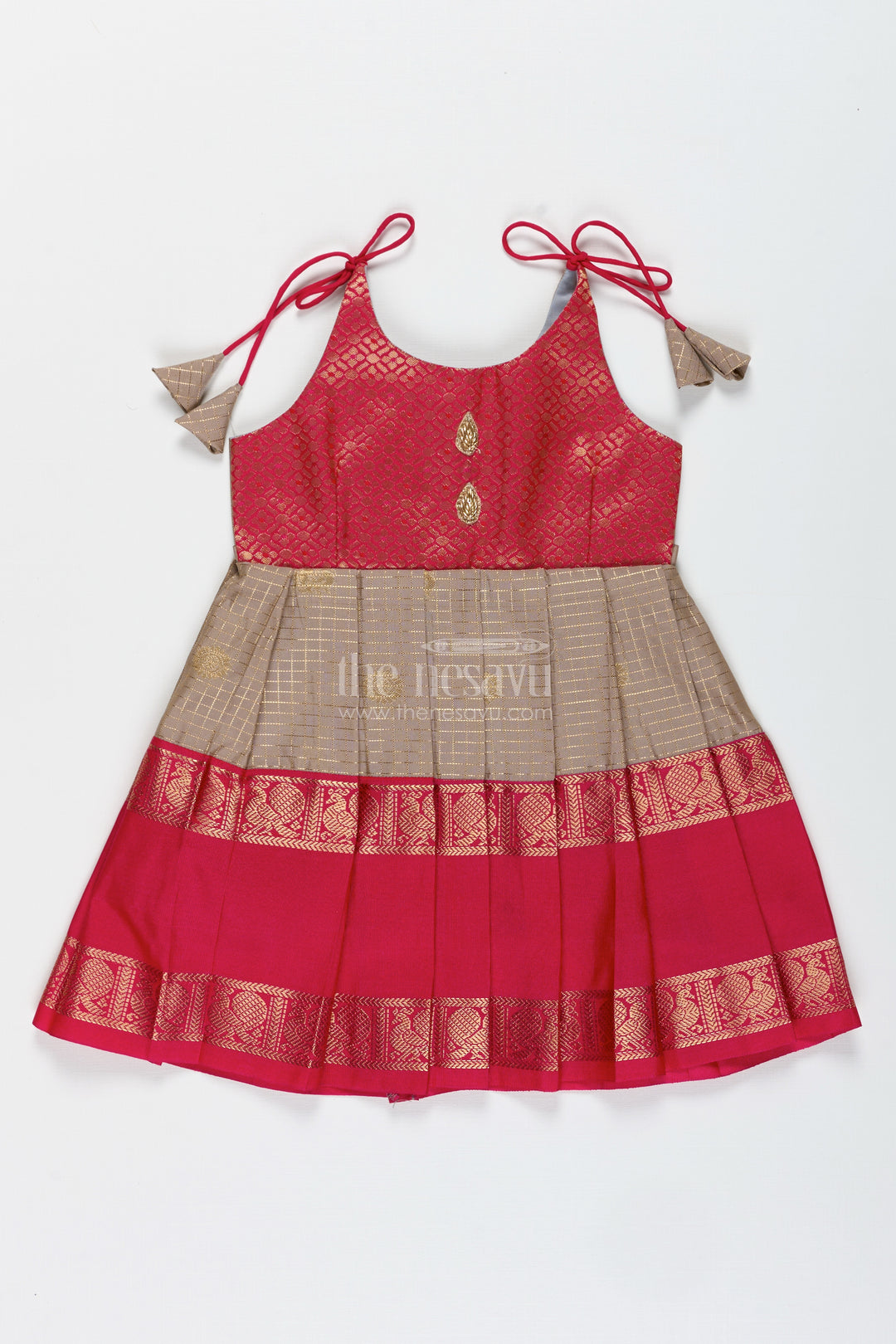 The Nesavu Tie-up Frock Baby Girl Semi Silk Frock for Naming Ceremony and Ethnic Photoshoots Nesavu 14 (6M) / Red / Style 1 SF1002AA-14 Nesavu baby girl semi silk frock zari skirt naming ceremony festive wear