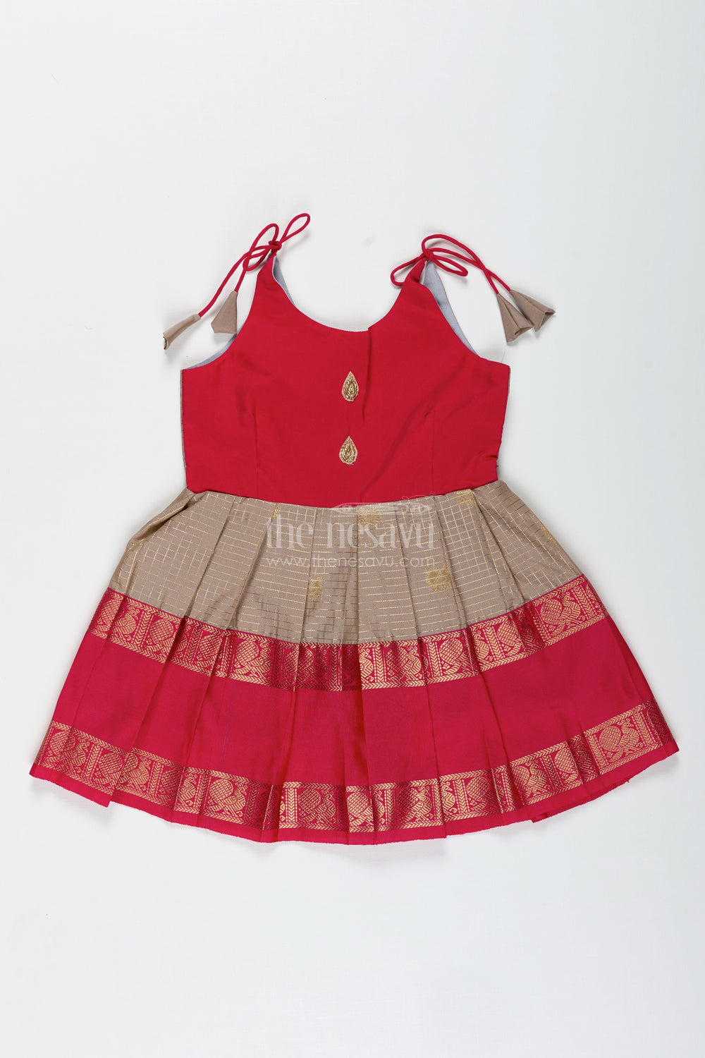 The Nesavu Tie-up Frock Baby Girl Semi Silk Frock for Naming Ceremony and Ethnic Photoshoots Nesavu 14 (6M) / Red / Style 2 SF1002AB-14 Nesavu baby girl semi silk frock zari skirt naming ceremony festive wear