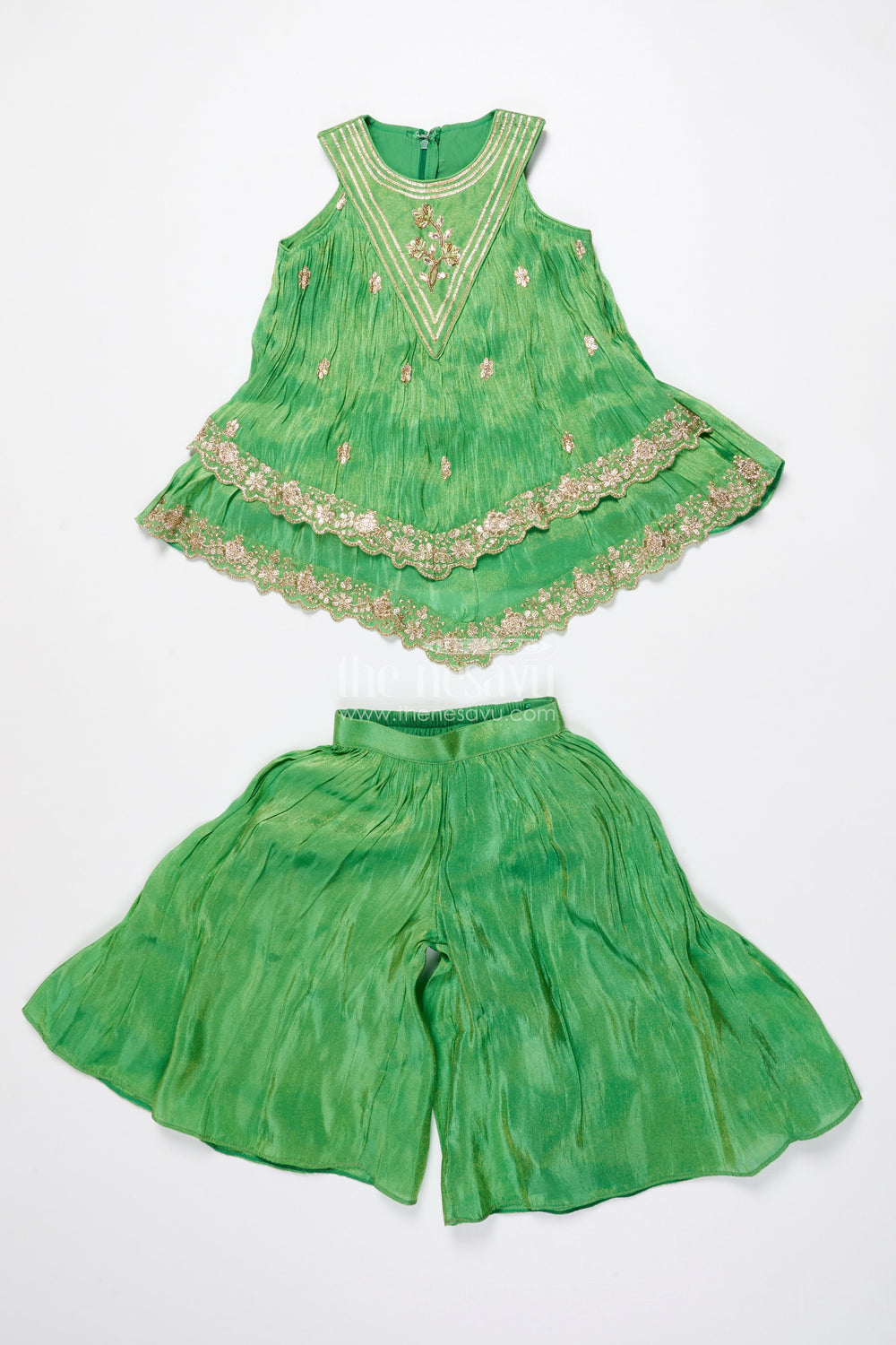 The Nesavu Girls Sharara / Plazo Set Baby Girl Sharara Dress for Festive Celebrations and Ethnic Days Nesavu 16 (1Y) / Green GPS808A-16 Nesavu baby girl sharara dress green viscose silk Diwali ethnic wear days