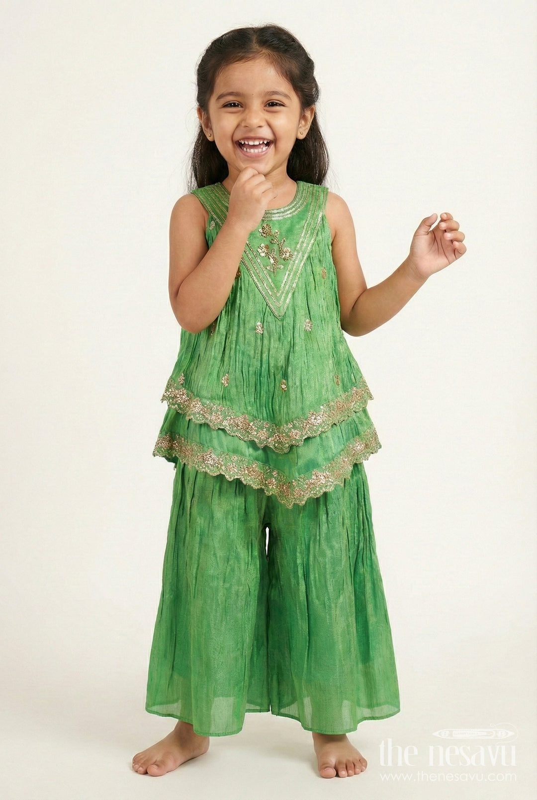 The Nesavu Girls Sharara / Plazo Set Baby Girl Sharara Dress for Festive Celebrations and Ethnic Days Nesavu 16 (1Y) / Green GPS808A-16 Nesavu baby girl sharara dress green viscose silk Diwali ethnic wear days