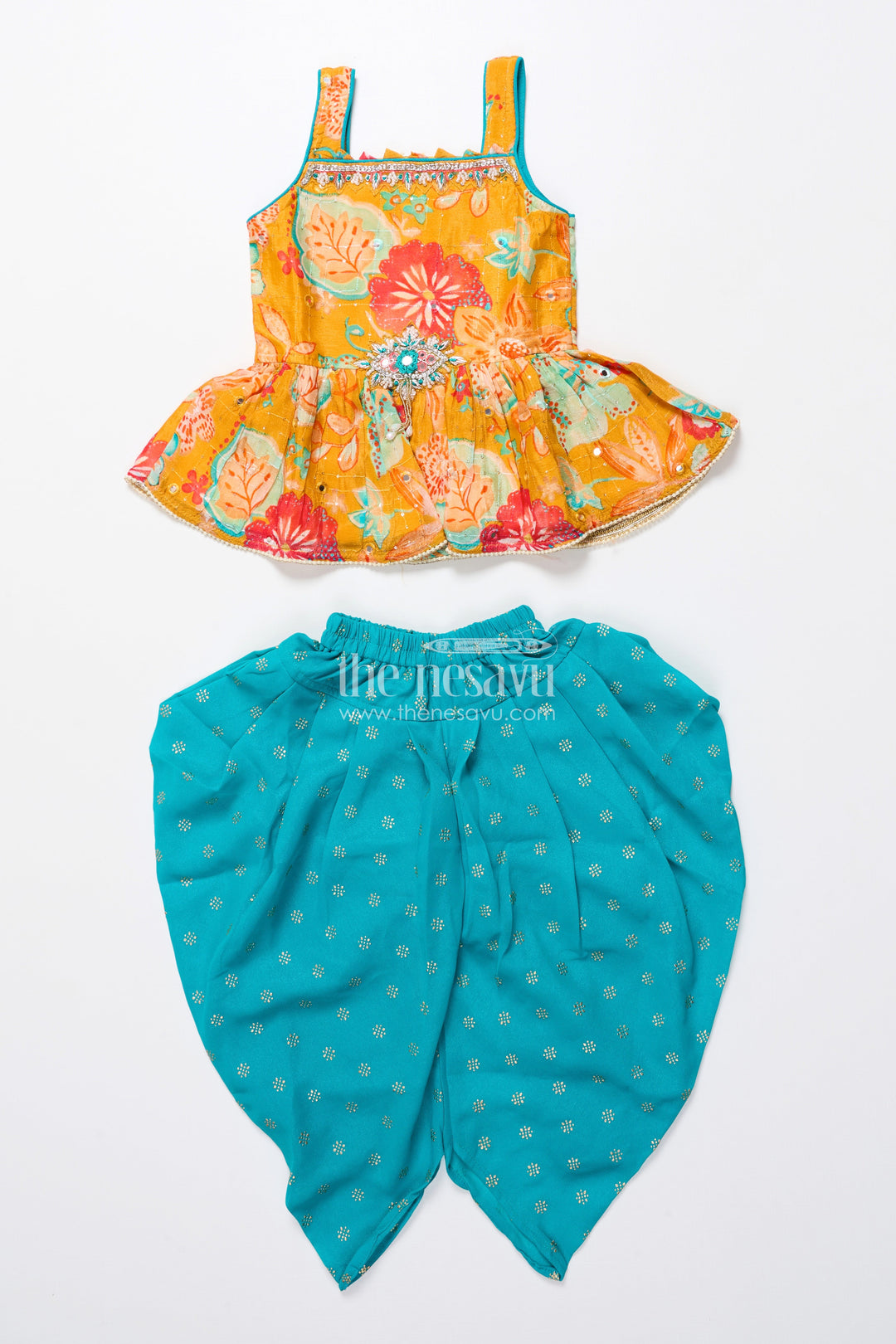 The Nesavu Girls Dothi Sets Baby Girl Sharara Set for Birthday Parties and Festive Playdates Nesavu Nesavu baby girl sharara set digital floral print tulip pants festive parties