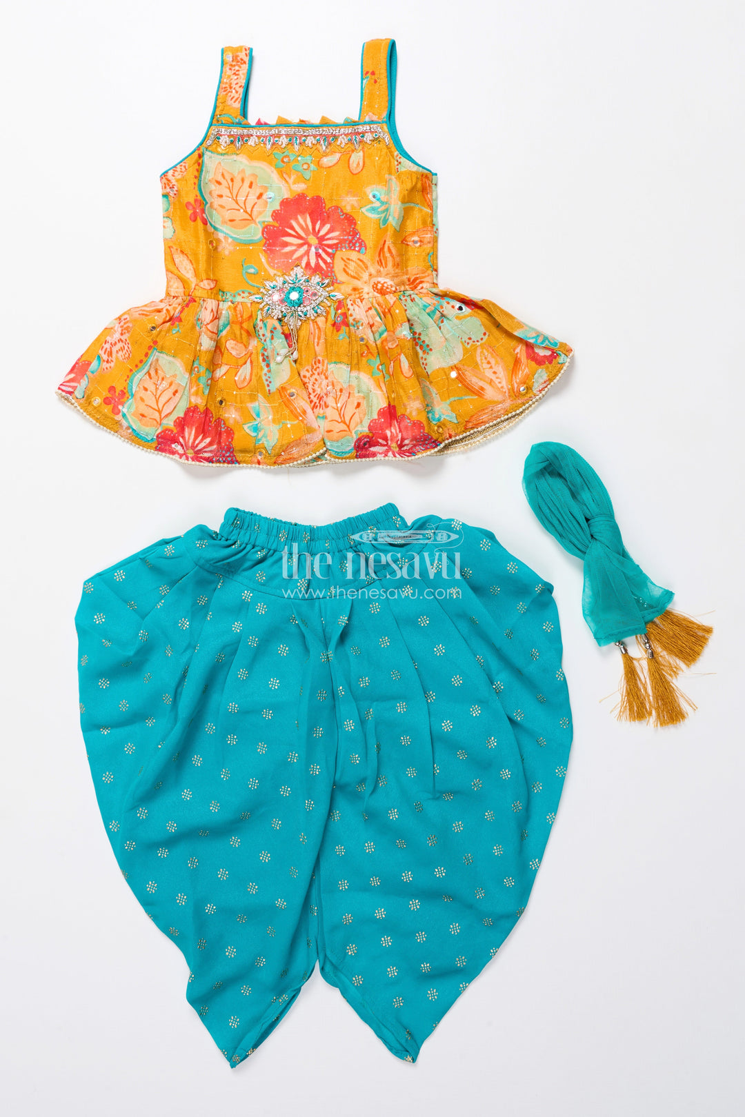 The Nesavu Girls Dothi Sets Baby Girl Sharara Set for Birthday Parties and Festive Playdates Nesavu Nesavu baby girl sharara set digital floral print tulip pants festive parties