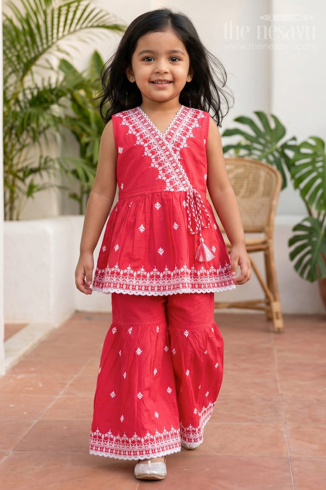 The Nesavu Girls Sharara / Plazo Set Baby Girl Sharara Set for Festive Occasions and Family Functions Nesavu 18 (2Y) / Red / Cotton GCS052B-18 Nesavu Baby Girl Sharara Set For Festive Occasions With Cotton Fabric And Thread Embroidery Design