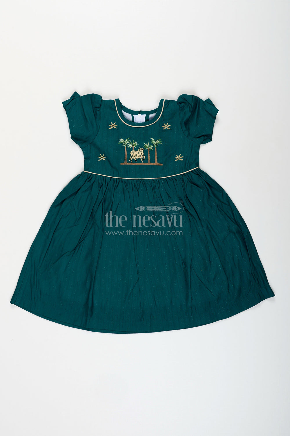 The Nesavu Girls Cotton Frock Baby girl silk blend frock in green with traditional embroidery Nesavu 20 (3Y) / Green GFC1947B-20 Nesavu baby girl green silk blend frock with elephant embroidery perfect for ethnic day and temple wear