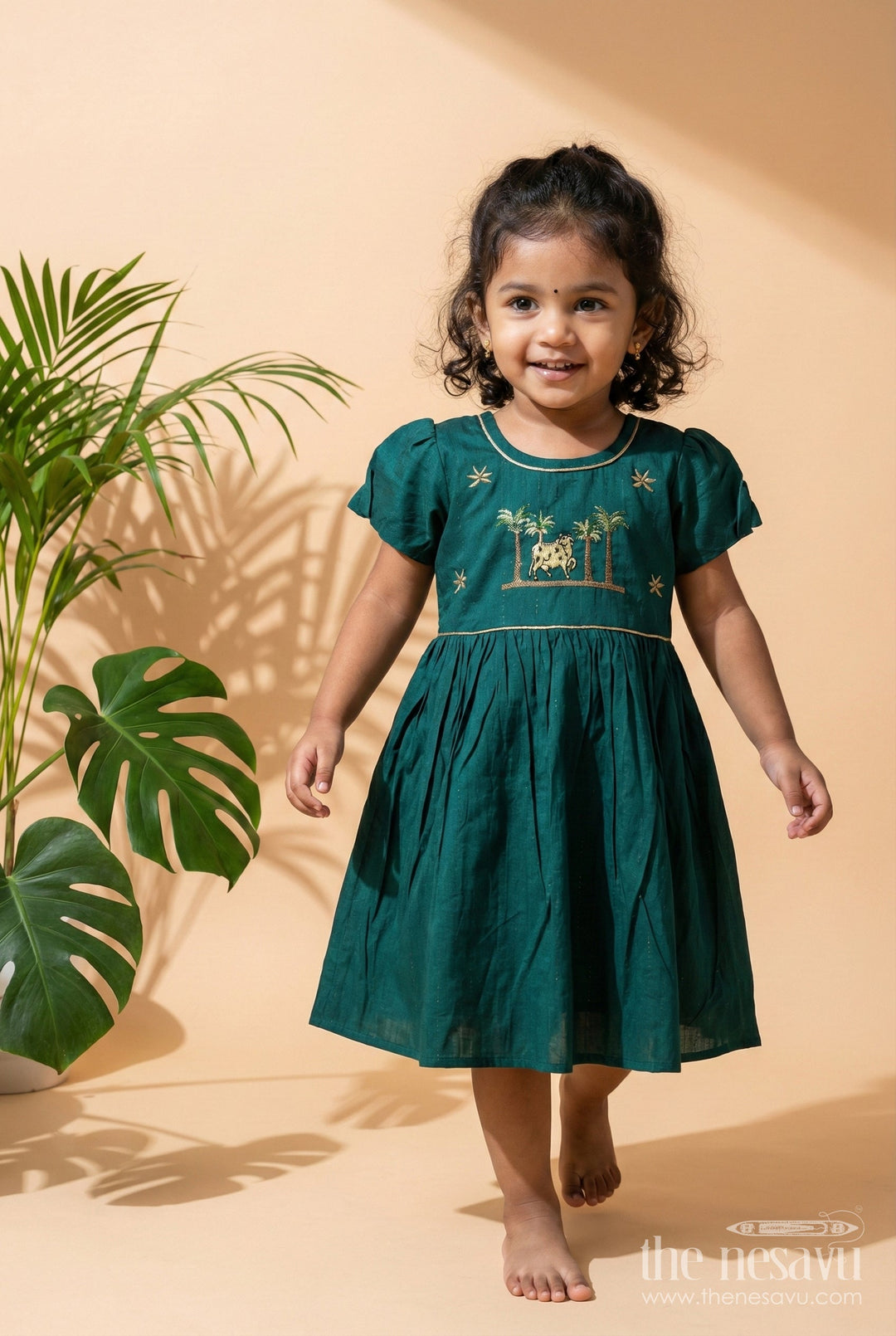 The Nesavu Girls Cotton Frock Baby Girl Silk Blend Frock in Green with Traditional Embroidery Nesavu 20 (3Y) / Green GFC1947B-20 Nesavu baby girl green silk blend frock with elephant embroidery perfect for ethnic day and temple wear