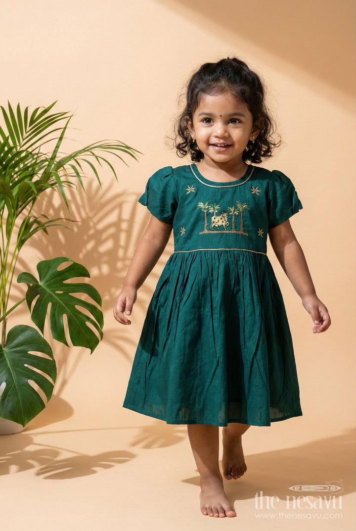 The Nesavu Girls Cotton Frock Baby Girl Silk Blend Frock in Green with Traditional Embroidery Nesavu 20 (3Y) / Green GFC1947B-20 Nesavu baby girl green silk blend frock with elephant embroidery perfect for ethnic day and temple wear