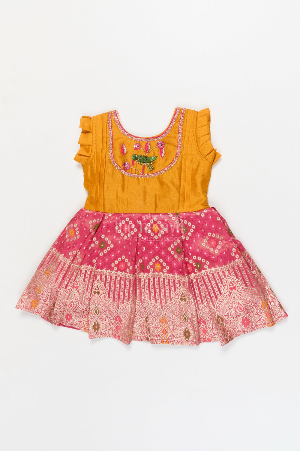 The Nesavu Silk Frock Baby Girl Silk Frock for Birthday and Festive Celebrations Nesavu 16 (1Y) / Yellow / Silk Blend SF1124A-16 Nesavu baby girl silk frock with tissue bottom for birthdays and ethnic celebrations