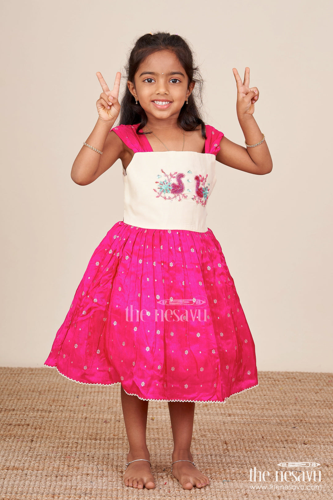 The Nesavu Silk Frock Baby Girl Silk Frock for Birthdays and Special Occasions Nesavu 16 (1Y) / Pink SF1053B-16 Nesavu baby girl silk frock embroidered yoke birthdays special family occasions