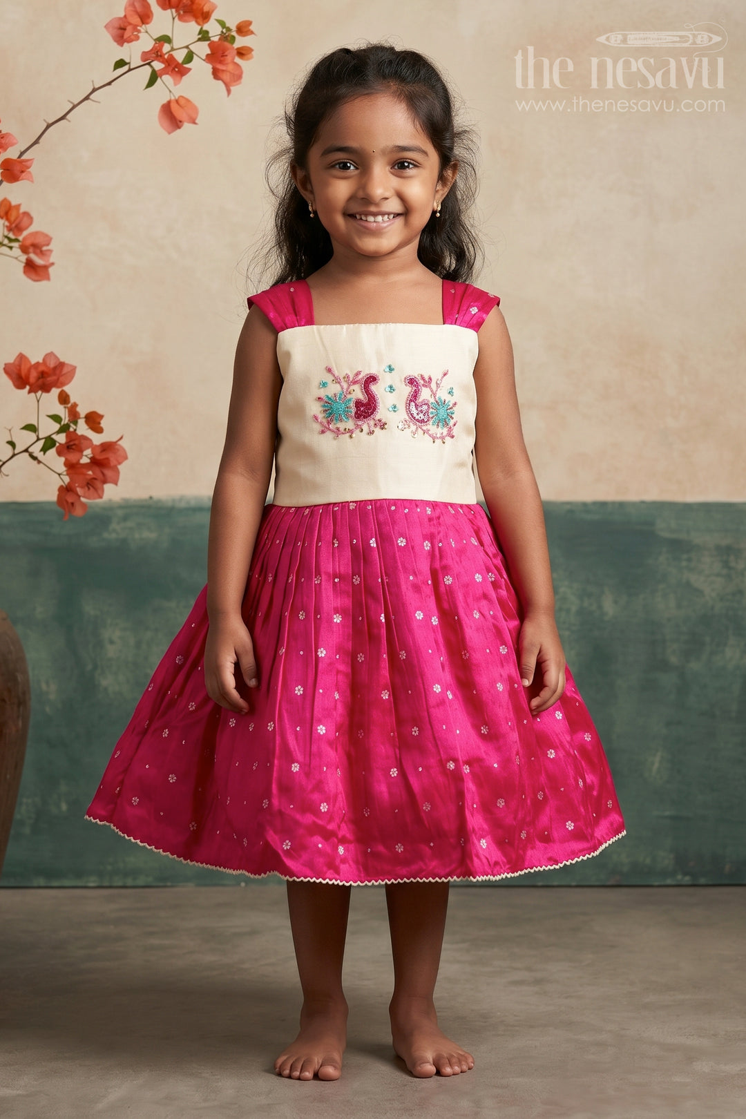 The Nesavu Silk Frock Baby Girl Silk Frock for Birthdays and Special Occasions Nesavu 16 (1Y) / Pink SF1053B-16 Nesavu baby girl silk frock embroidered yoke birthdays special family occasions