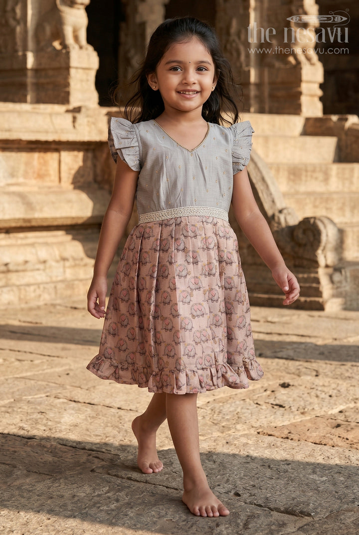 The Nesavu Silk Frock Baby Girl Silk Frock for Birthdays and Temple Visits Nesavu 18 (2Y) / Gray / Viscose Silk SF1107A-18 Nesavu baby girl silk frock with elephant motif and lace waist for birthdays and festive wear