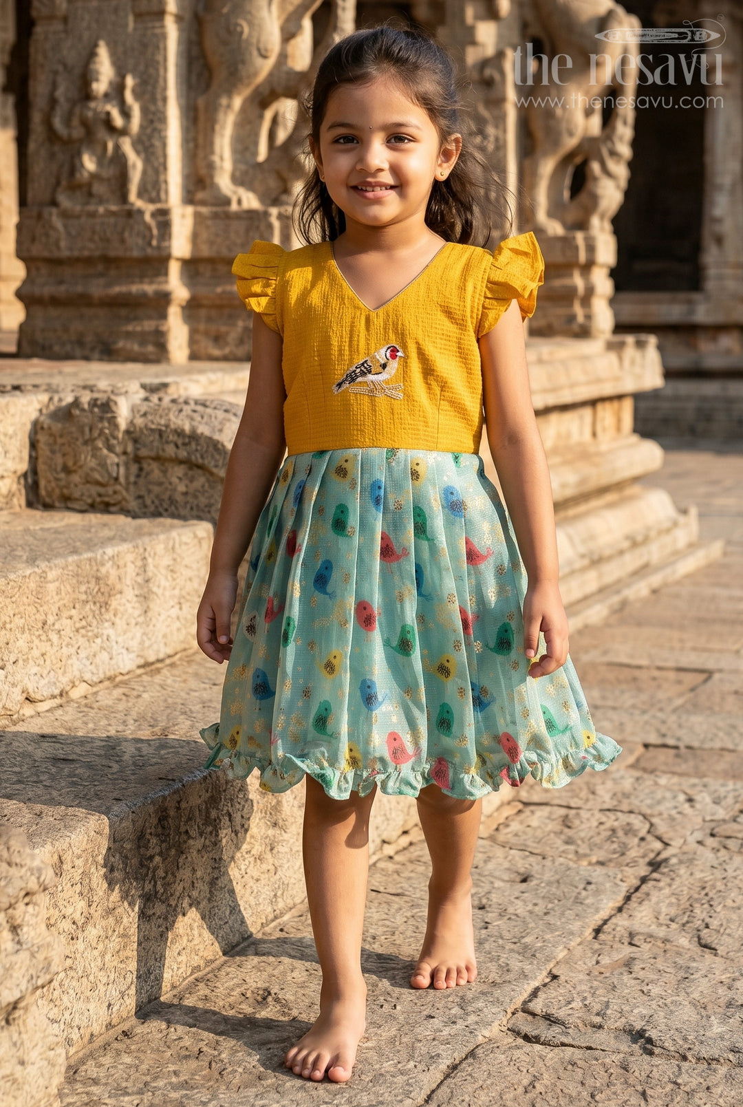 The Nesavu Silk Frock Baby Girl Silk Frock for Casual Festive Wear and Outings Nesavu 18 (2Y) / Yellow / Chanderi SF1143A-18 Nesavu baby girl silk frock for casual festive wear with chanderi cotton digital print and comfortable flared style