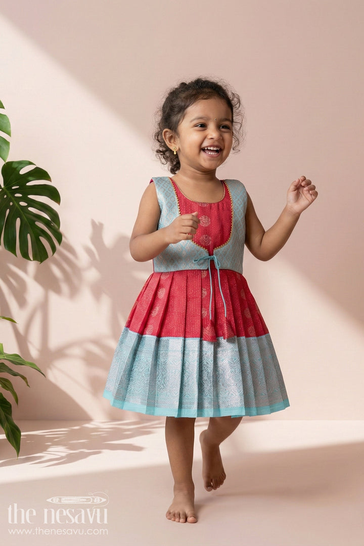 The Nesavu Girls Kanchi Silk Frock Baby Girl Silk Frock for Cultural Events and Festive Photo Moments Nesavu 14 (6M) / Red / Style 1 KSF030AA-14 Nesavu baby girl silk frock with zari border and tie-up overlay for festive family occasions