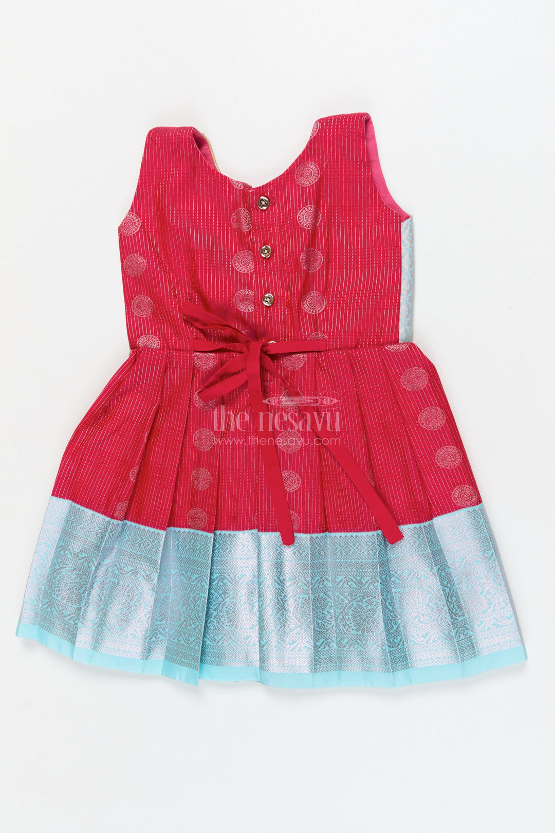 The Nesavu Girls Kanchi Silk Frock Baby Girl Silk Frock for Cultural Events and Festive Photo Moments Nesavu Nesavu baby girl silk frock with zari border and tie-up overlay for festive family occasions