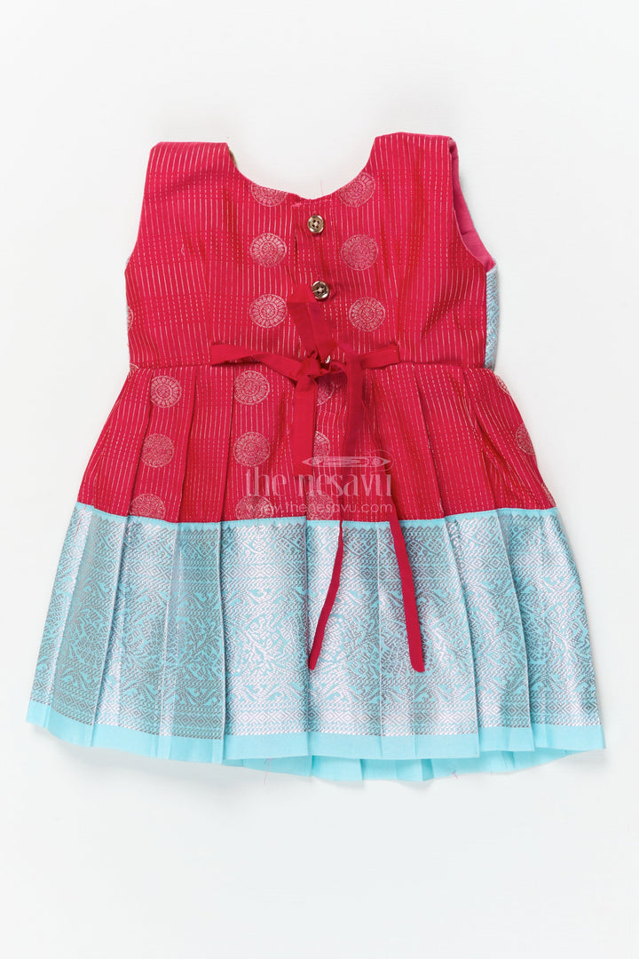 The Nesavu Girls Kanchi Silk Frock Baby Girl Silk Frock for Cultural Events and Festive Photo Moments Nesavu Nesavu baby girl silk frock with zari border and tie-up overlay for festive family occasions