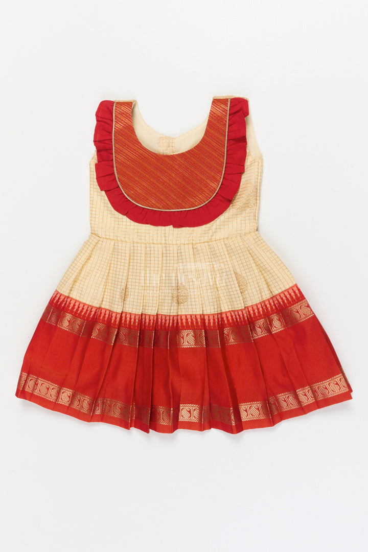 The Nesavu Girls Kanchi Silk Frock Baby Girl Silk Frock for Cultural Festivals and Traditional Temple Visits Nesavu 14 (6M) / Cream / Style 1 KSF036AA-14 Nesavu baby girl silk frock for traditional functions with pleated yoke and zari border