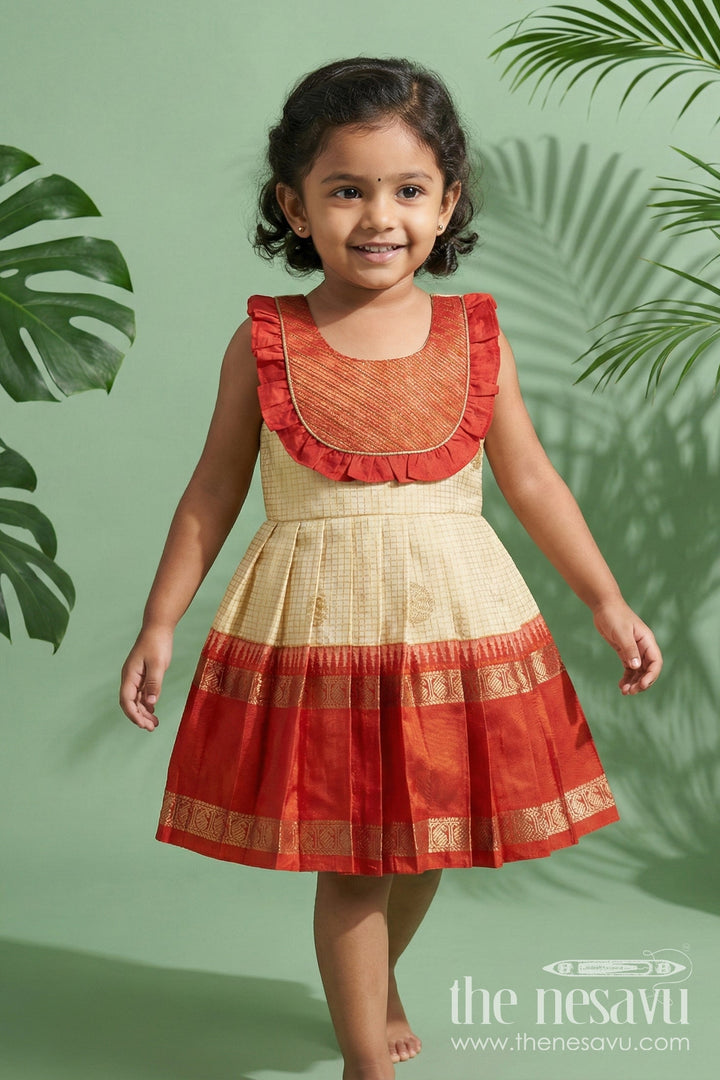 The Nesavu Girls Kanchi Silk Frock Baby Girl Silk Frock for Cultural Festivals and Traditional Temple Visits Nesavu 14 (6M) / Cream / Style 1 KSF036AA-14 Nesavu baby girl silk frock for traditional functions with pleated yoke and zari border