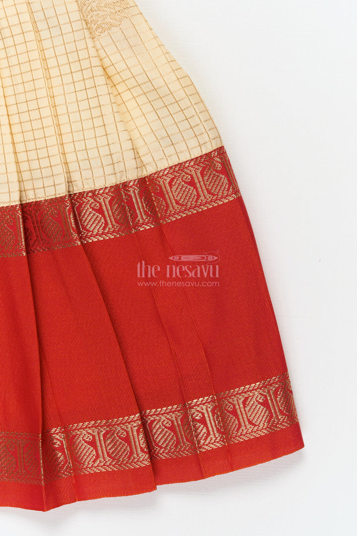 The Nesavu Girls Kanchi Silk Frock Baby Girl Silk Frock for Cultural Festivals and Traditional Temple Visits Nesavu Nesavu baby girl silk frock for traditional functions with pleated yoke and zari border