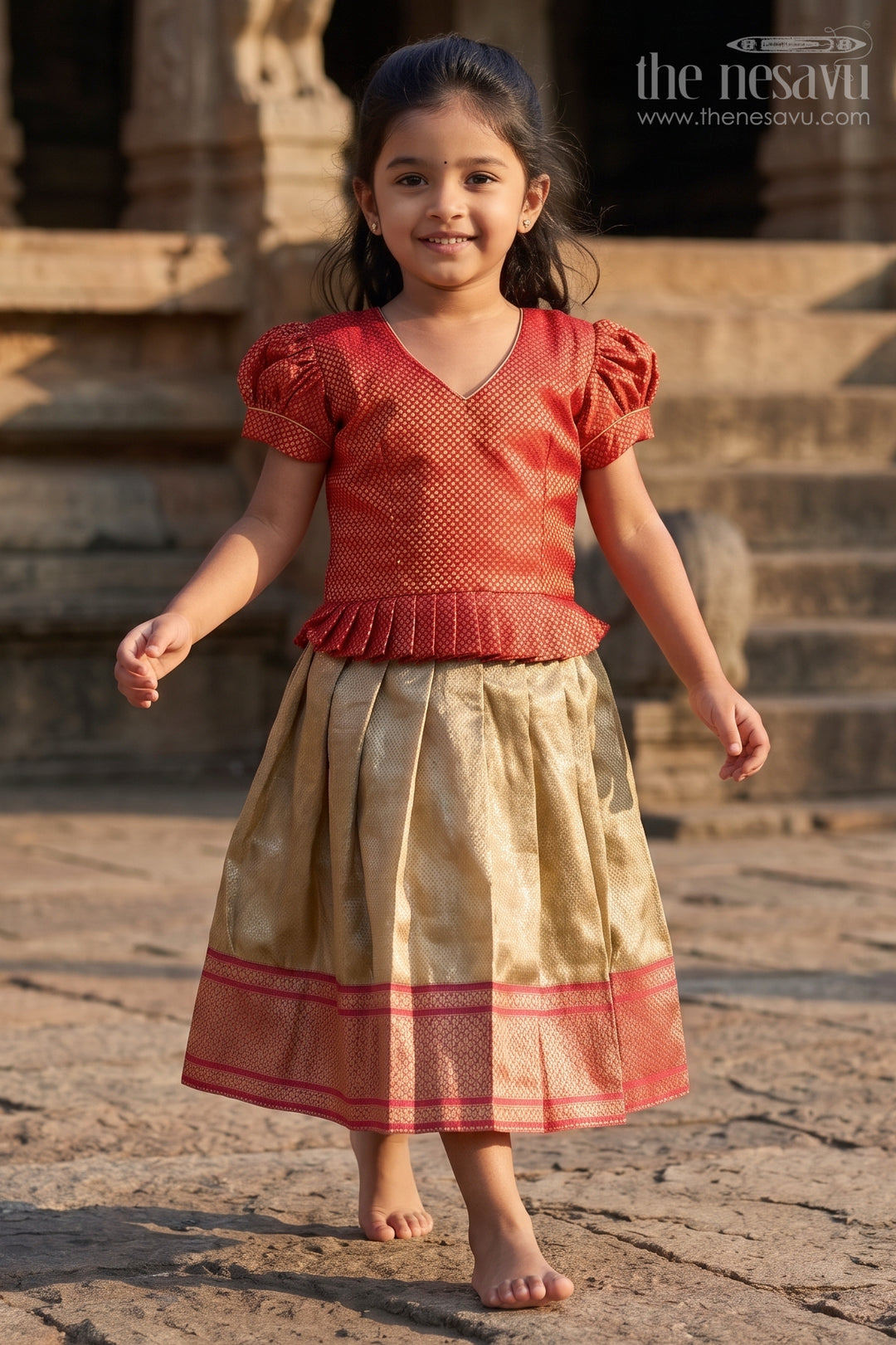 The Nesavu Silk Frock Baby Girl Silk Frock for Festivals and Traditional Celebrations Nesavu 18 (2Y) / Red / Banarasi SF1145A-18 Nesavu baby girl silk frock for festivals and traditional celebrations with semi banaras fabric and tissue flared skirt