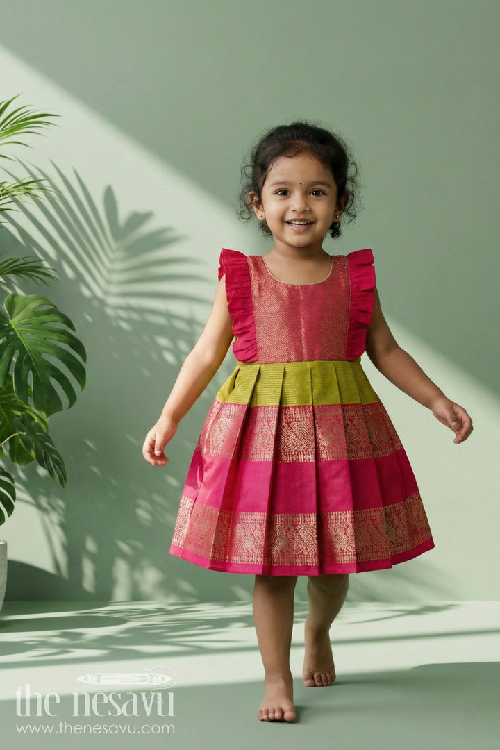 The Nesavu Girls Kanchi Silk Frock Baby Girl Silk Frock for Festivals and Wedding Guest Outfits Nesavu 10 (NB) / Yellow / Style 1 KSF033CA-10 Nesavu baby girl silk frock for weddings and traditional South Indian celebrations