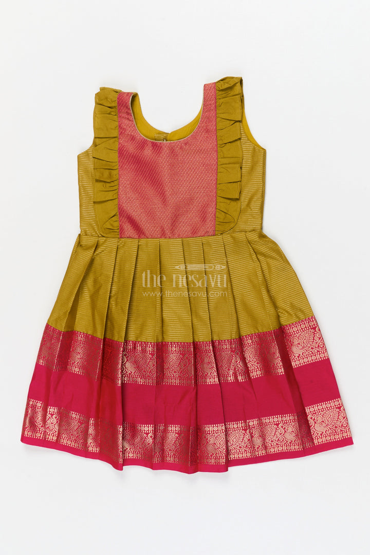 The Nesavu Girls Kanchi Silk Frock Baby Girl Silk Frock for Festivals and Wedding Guest Outfits Nesavu 22 (4Y) / Yellow / Style 2 KSF033CB-22 Nesavu baby girl silk frock for weddings and traditional South Indian celebrations