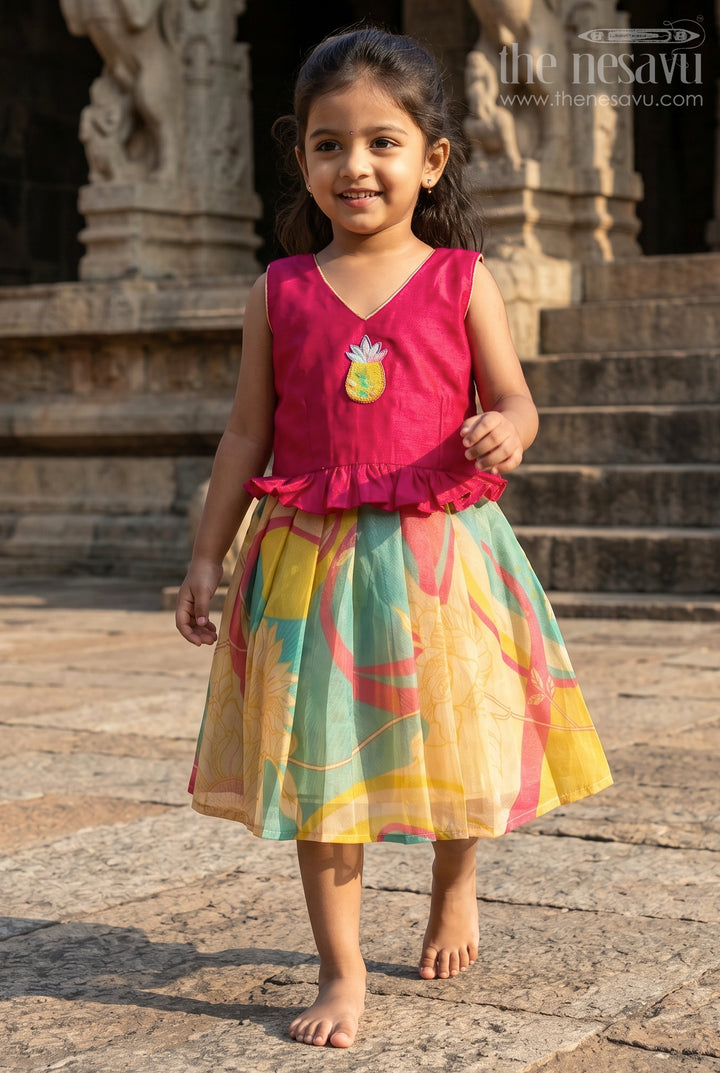 The Nesavu Silk Frock Baby Girl Silk Frock for Festive Birthdays and Celebrations Nesavu 16 (1Y) / Pink / Semi Banarasi SF1165B-16 Nesavu Baby Girl Silk Frock With Digital Print Skirt For Birthdays And Festive Celebrations