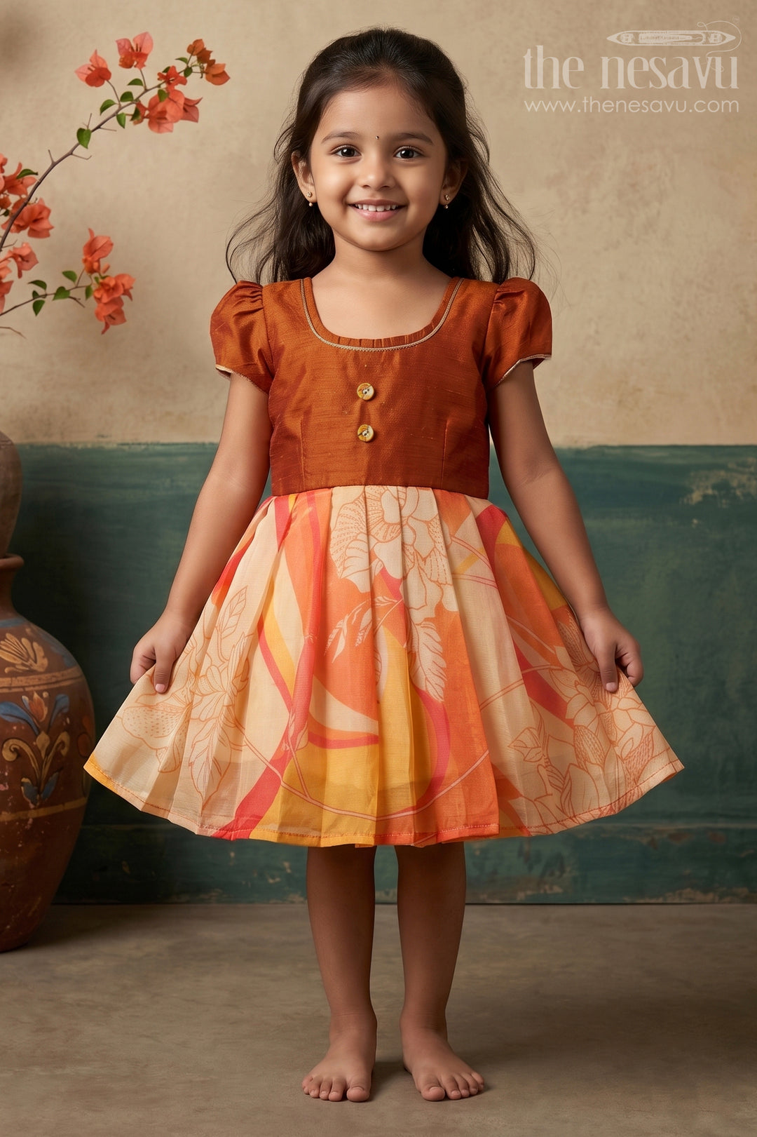 The Nesavu Silk Frock Baby Girl Silk Frock for Festive Birthdays and Family Celebrations Nesavu 16 (1Y) / Gold / Semi Banarasi SF1171A-16 Nesavu Baby Girl Silk Frock With Digital Floral Print For Birthdays And Festive Celebrations