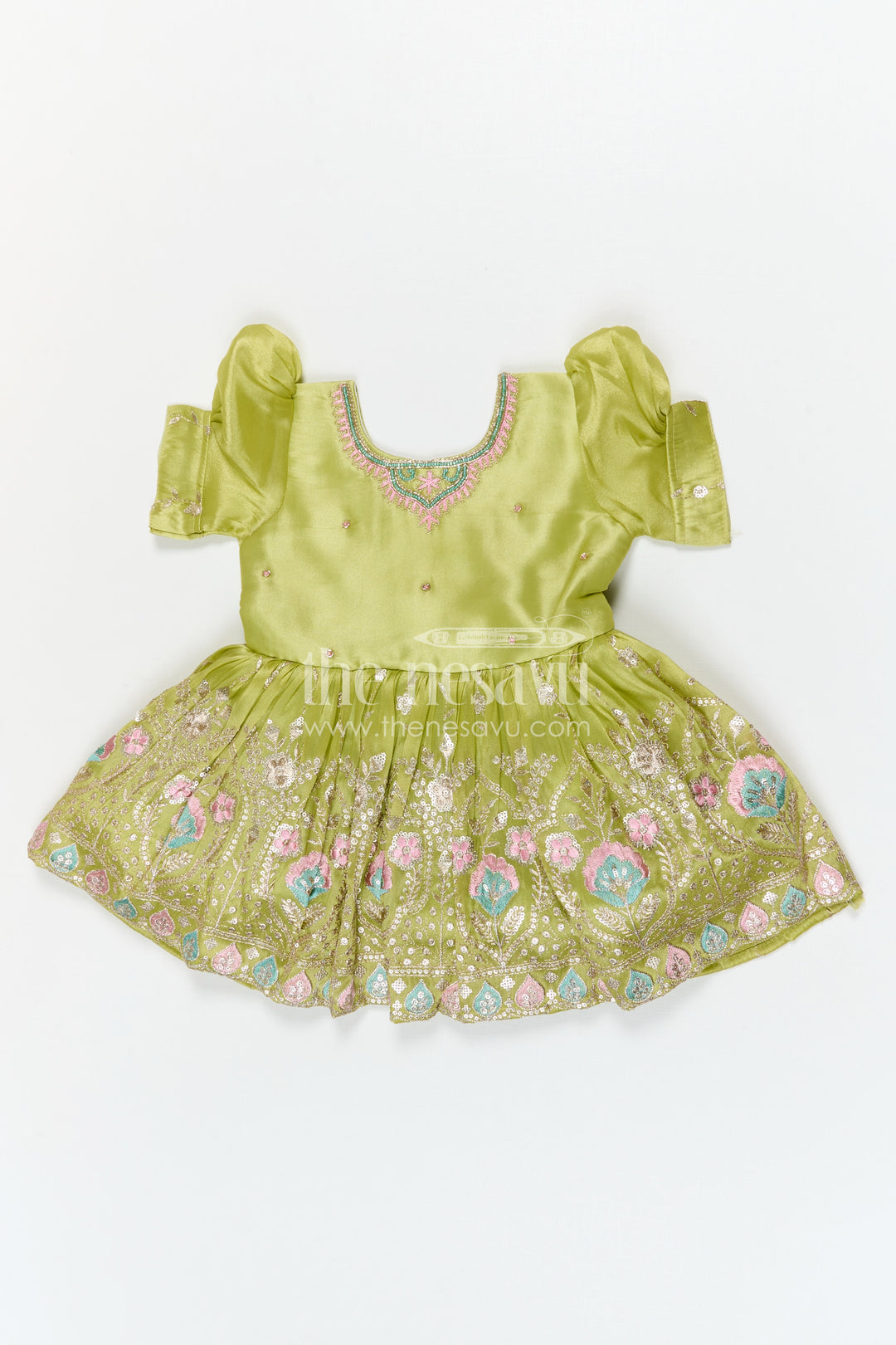 The Nesavu Silk Frock Baby Girl Silk Frock for Festive Celebrations and Family Functions Nesavu 16 (1Y) / Green / Silk Blend SF1141A-16 Nesavu baby girl silk frock for festive celebrations with tissue skirt design