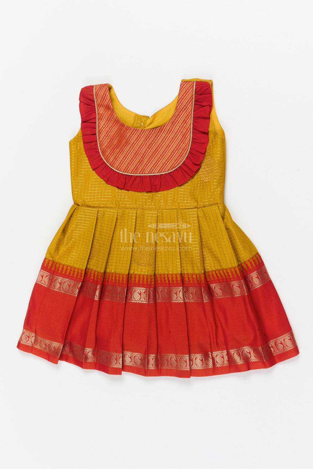 The Nesavu Girls Kanchi Silk Frock Baby Girl Silk Frock for Festive Days and Traditional Housewarming Events Nesavu 14 (6M) / Gold / Style 1 KSF036CA-14 Nesavu baby girl silk frock with traditional border and pleated yoke for festive family occasions
