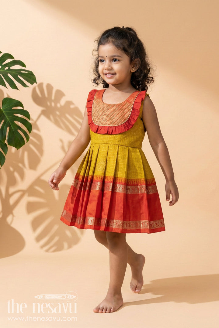 The Nesavu Girls Kanchi Silk Frock Baby Girl Silk Frock for Festive Days and Traditional Housewarming Events Nesavu 14 (6M) / Gold / Style 1 KSF036CA-14 Nesavu baby girl silk frock with traditional border and pleated yoke for festive family occasions