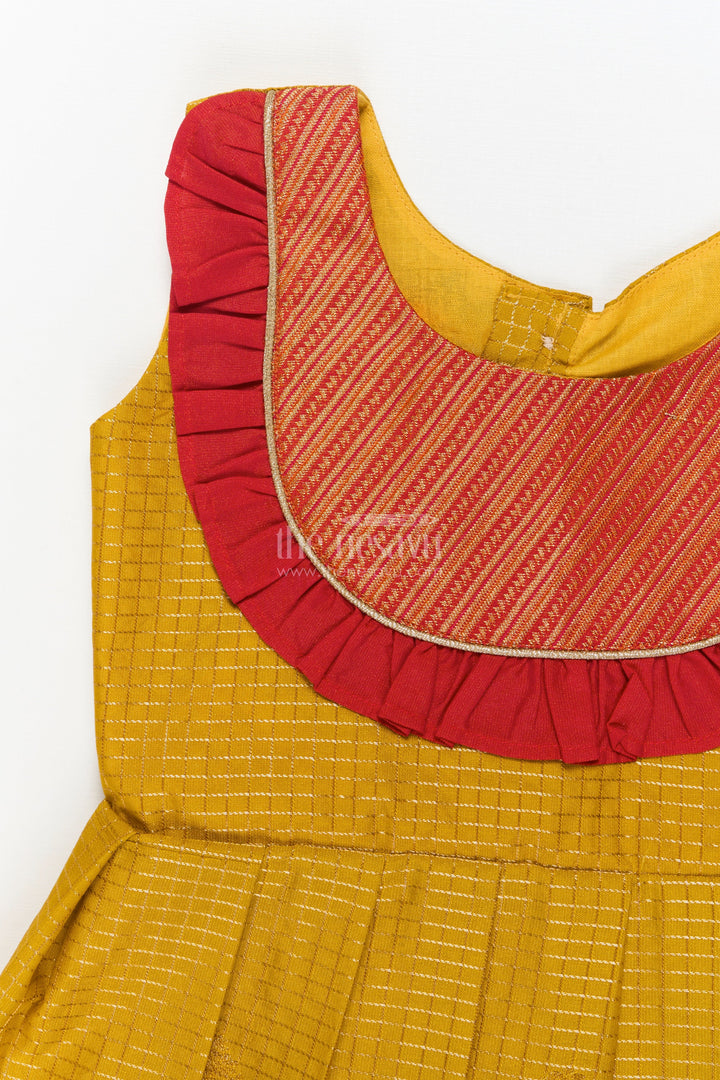 The Nesavu Girls Kanchi Silk Frock Baby Girl Silk Frock for Festive Days and Traditional Housewarming Events Nesavu Nesavu baby girl silk frock with traditional border and pleated yoke for festive family occasions